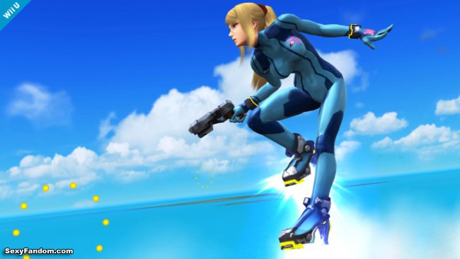 Zero Suit Samus holding a pistol and floating above an ocean with clouds and blue sky in the background.